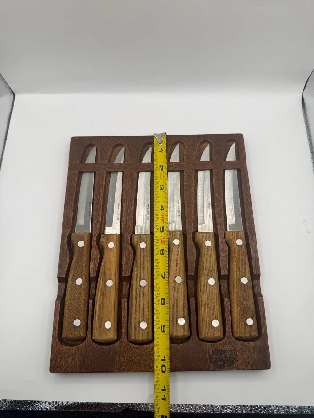 Vintage Hickory Forge Japan 6 Steak Knives Wood Handles & Wall Rack